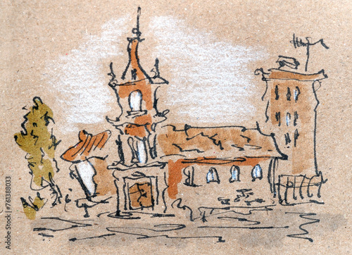 City sketch created with black ink and markers. Color illustration on parchment paper