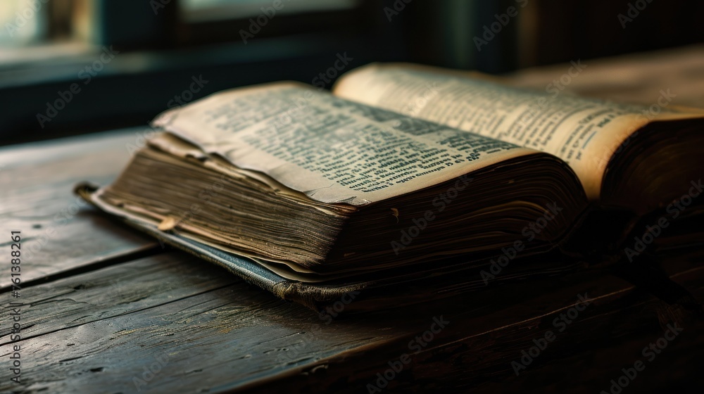 Obraz premium open book with more intact pages on a wooden table, suitable for themes of education or the appreciation of classic literature.