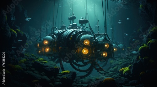 An underwater robotic vehicle surrounded by fish and illuminated by bright lights amidst oceanic rock formations, great for sci-fi game design or ocean exploration documentaries.