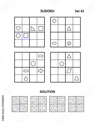 Sudoku - four picture puzzles for brain workout. Print and draw shapes to fill in the blanks. Suitable both for kids and adults. Answers included. Set 42.
 photo