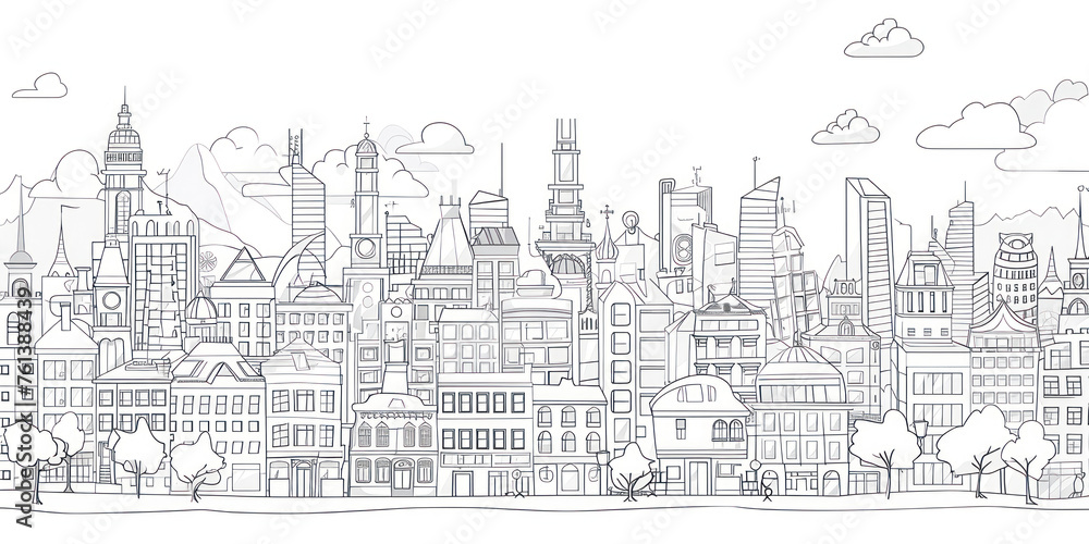 Outline cityscape. Wide horizontal panorama.
