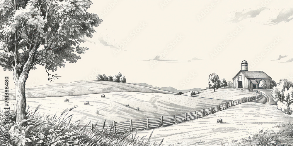 Rural landscape with a farm in engraving style. Hand drawn Illustration.