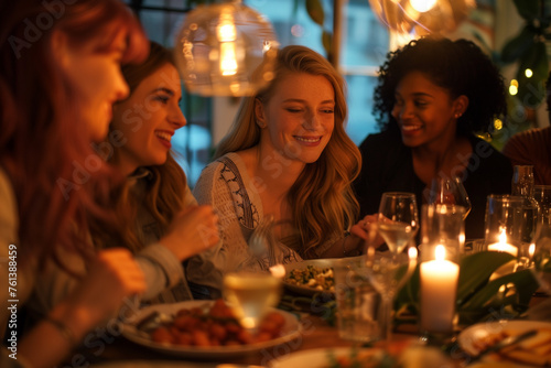 Friends enjoying a cozy dinner in a candlelit restaurant  ideal for social and festive themes.