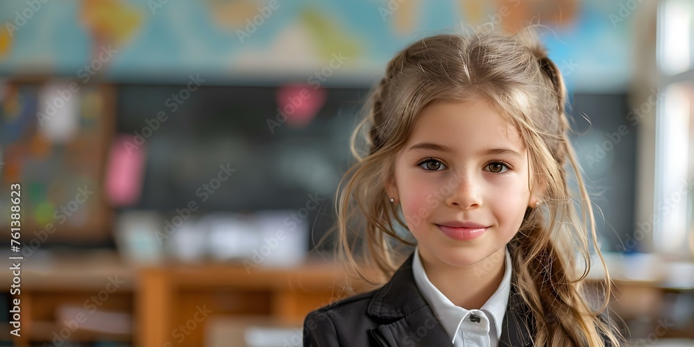 Vibrant Image of a Cheerful Schoolgirl in Classroom Uniform. Concept Schoolgirl Photography, Vibrant Colors, Classroom Setting, Uniform Portrait, Cheerful Expression Vibrant Image of a Cheerful Schoolgirl in Classroom Uniform. Concept Schoolgirl Photography, Vibrant Colors, Classroom Setting, Uniform Portrait, Cheerful Expression