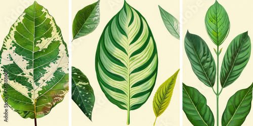 Set leaves. Exotics. Vintage botanical illustration. Colorful.