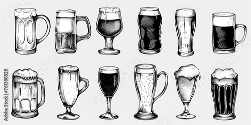 Set of beer glasses and mugs in ink hand drawn style. isolated on white.