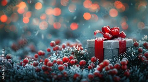 Gift Wrapped in Red Ribbon on Snow Covered Ground