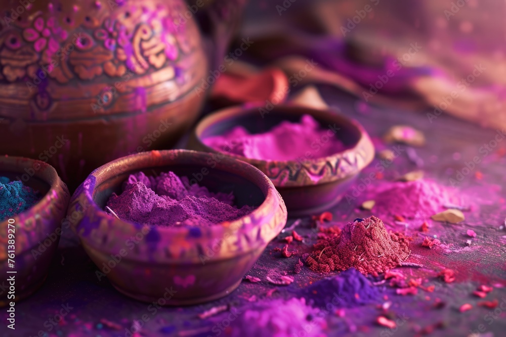 Happy Holi Banner with Explosion Color in Pots, Holi Festival Banner with Variety of Color Powder Happy Holi Banner with Explosion Color in Pots, Holi Festival Banner with Variety of Color Powder
