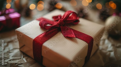 Wrapped Gift Box With Red Ribbon