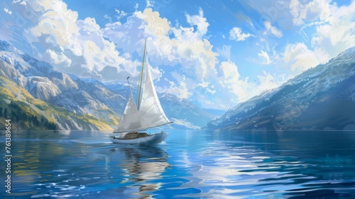 A sailboat on a vast lake, sails billowing in the summer wind. 