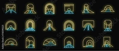 Tunnel icons set outline vector. Rail track. Metro arch neon color isolated