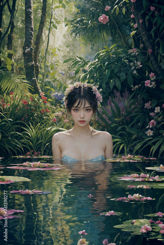 Beautiful goddess in a forest pond