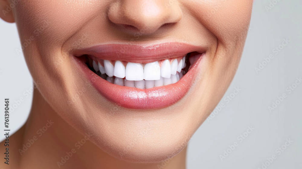 Obraz premium Woman with white healthy teeth open her mouth smiling white background
