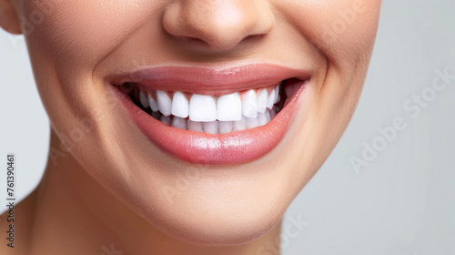 Woman with white healthy teeth open her mouth smiling white background