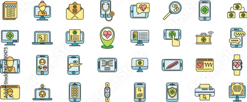 Telemedicine icons set outline vector. Remote doctor. App screen thin line color flat isolated