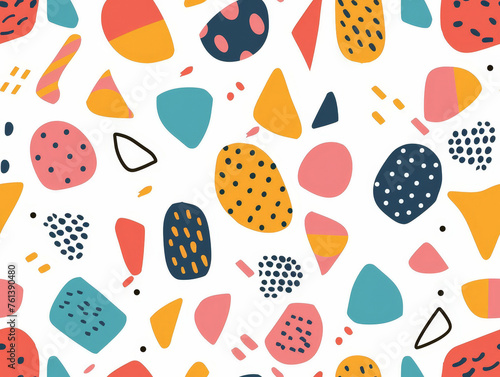 A colorful pattern of shapes and dots on a white background