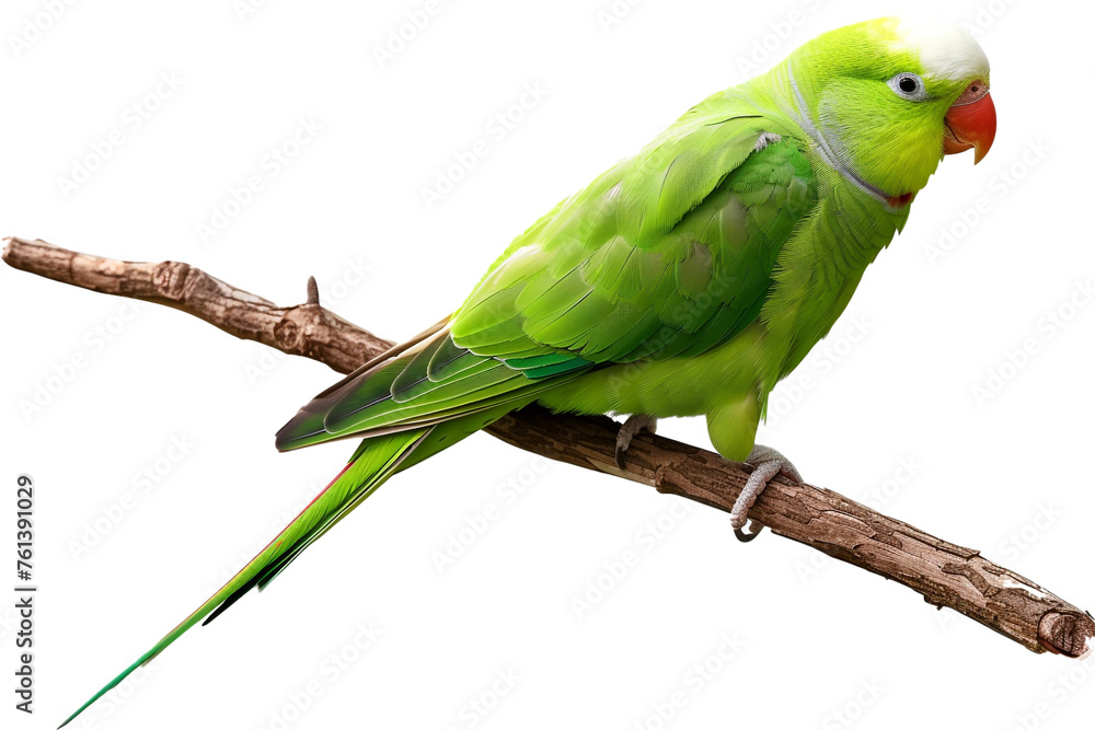 A portrait of a green parakeet perched on a branch, isolated on transparent background, png file.