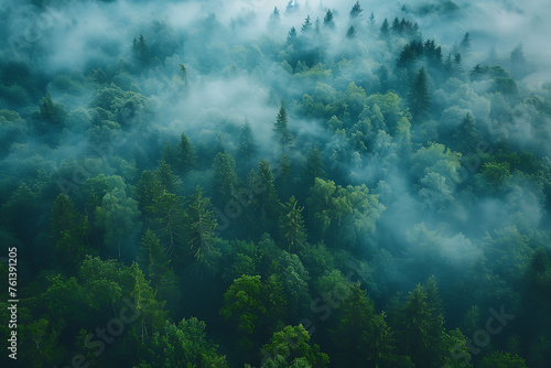 Enchanting aerial view captures a fog-covered forest, invoking mystery and tranquility within nature's embrace