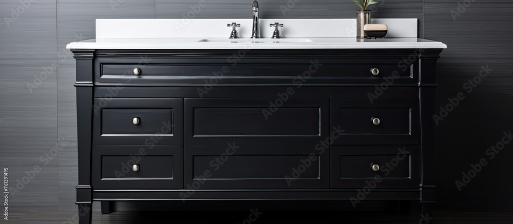 A black rectangular vanity with drawers, made of hardwood cabinetry and metal accents, featuring a sink and ample storage space in a bathroom A black rectangular vanity with drawers, made of hardwood cabinetry and metal accents, featuring a sink and ample storage space in a bathroom