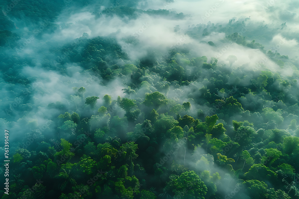 A captivating aerial view of a forest shrouded in fog, evoking a sense of mystery and tranquility in nature's embrace