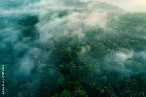 A captivating aerial view of a forest shrouded in fog, evoking a sense of mystery and tranquility in nature's embrace