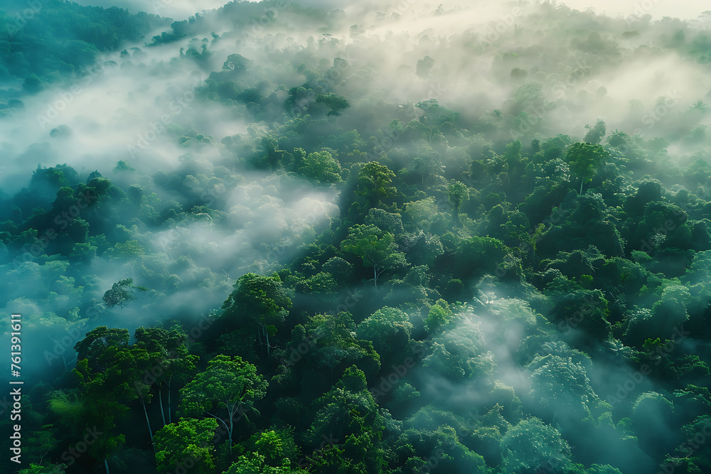 A captivating aerial view of a forest shrouded in fog, evoking a sense of mystery and tranquility in nature's embrace A captivating aerial view of a forest shrouded in fog, evoking a sense of mystery and tranquility in nature's embrace