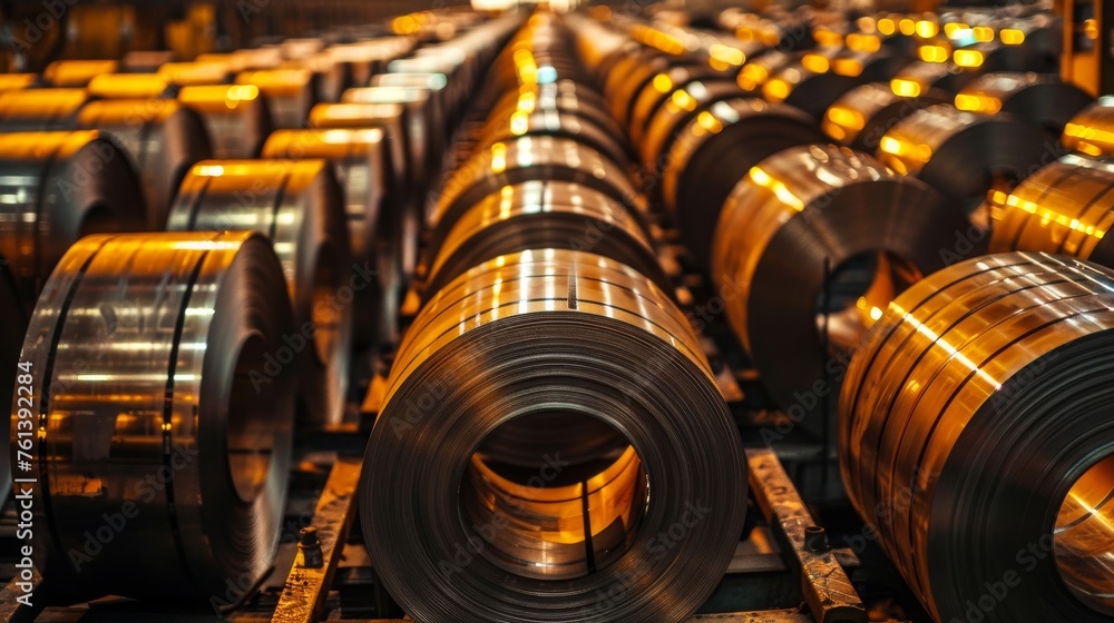 Obraz premium Sunlit Steel Coils in Warehouse