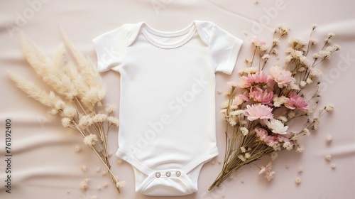 Softly lit, clean white onesie mockup on beige fabric background. Wild flowers dried pampas grass bodysuit baby clothing flat lay. Blank romper template apparel top view. Babyhood concept photo