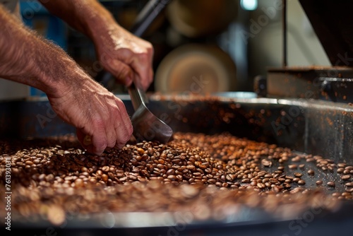 Coffee Bean Roasting Close-up, Manual Process with Ambient Lighting