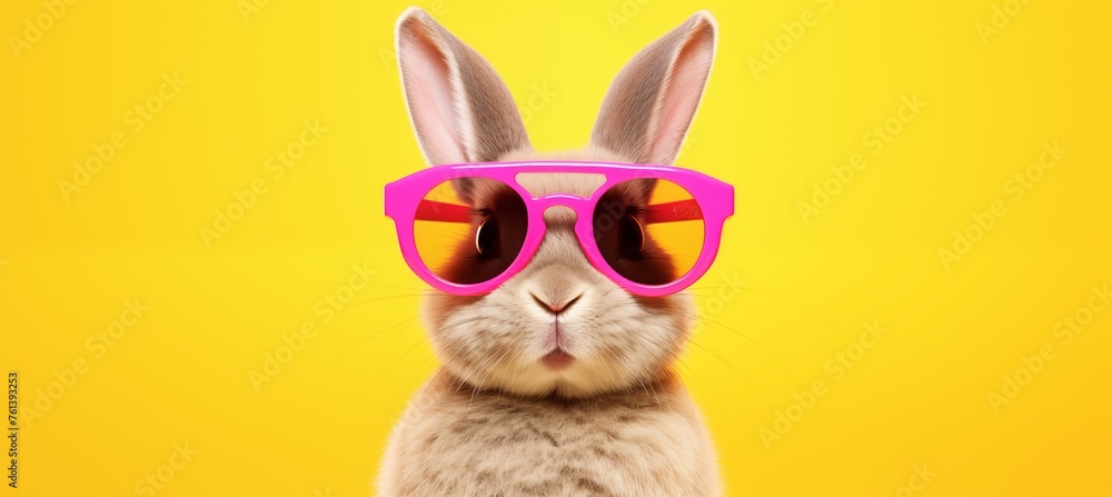 Fototapeta premium Funny easter concept holiday animal celebration greeting card - Cool easter bunny, rabbit with pink sunglasses, isolated on background