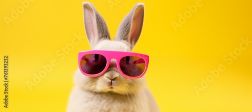 Funny easter concept holiday animal celebration greeting card - Cool easter bunny, rabbit with pink sunglasses, isolated on background