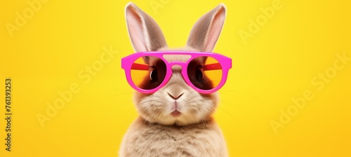 Funny easter concept holiday animal celebration greeting card - Cool easter bunny, rabbit with pink sunglasses, isolated on background © KAMAPAN