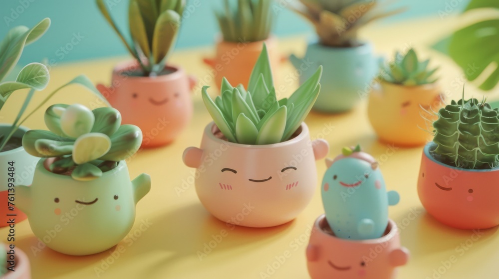 A group of small potted plants with faces drawn on them A group of small potted plants with faces drawn on them