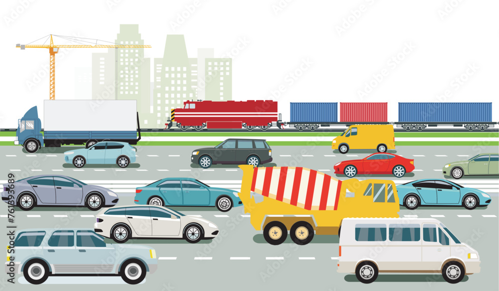 Fototapeta premium Personenwagen und Lastwagen auf der Autobahn Illustration