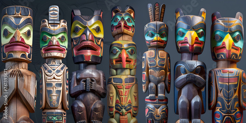 A wooden sculpture with colorful face that says totem traditional tiki mask eagle cartoon flat icons set isolated dark background