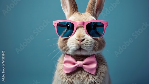 Funny easter concept holiday animal celebration greeting card - Cool easter bunny, rabbit with pink sunglasses and bow tie, isolated on blue background © pit