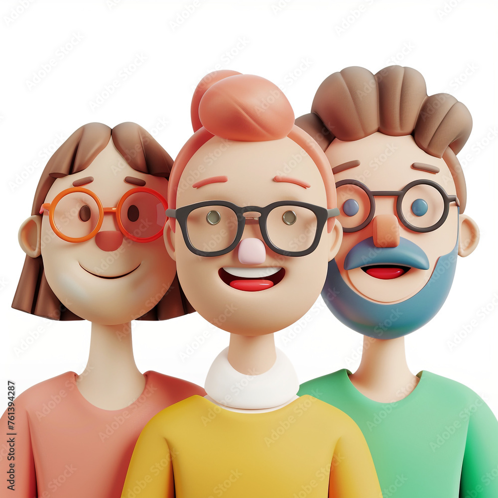 Fototapeta premium Simple Cartoon 3D illustration of smiling people close up portrait on white background сreated with Generative Ai