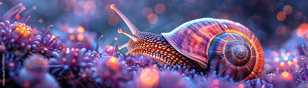 Labyrinthpatterned snail front view fantasy flora background glowing edges Labyrinthpatterned snail front view fantasy flora background glowing edges