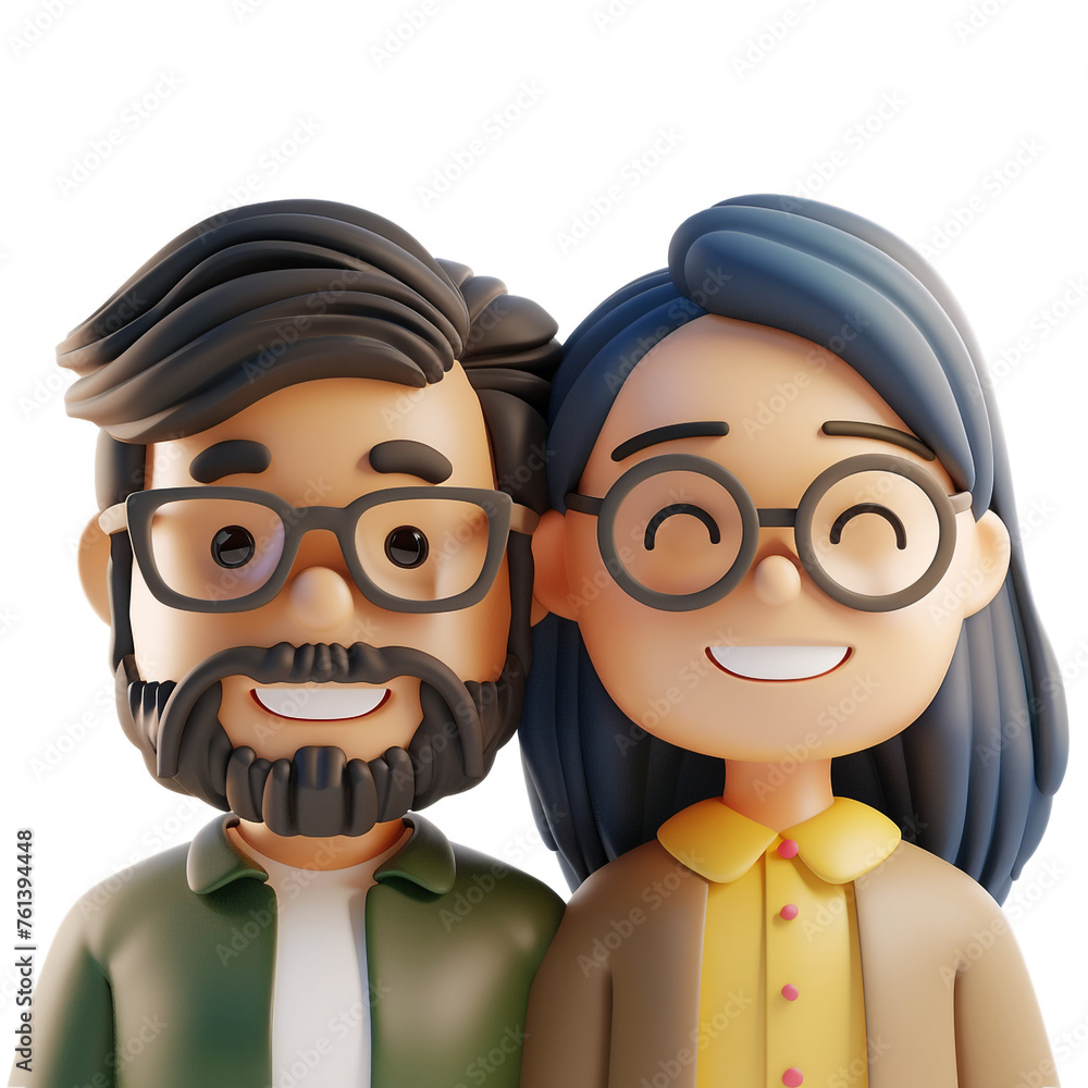 Fototapeta premium Simple Cartoon 3D illustration of smiling people close up portrait on white background сreated with Generative Ai