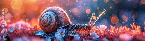 Labyrinthpatterned snail front view fantasy flora background glowing edges