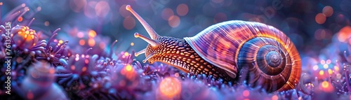 Labyrinthpatterned snail front view fantasy flora background glowing edges