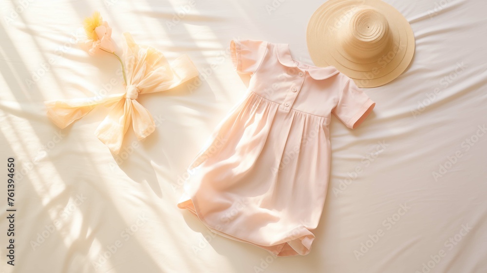 Fototapeta premium Soft peach baby dress with classic straw hat background image. Summertime attire wallpaper picture. Tranquil play of light and shadow photo backdrop. Babyhood concept composition top view