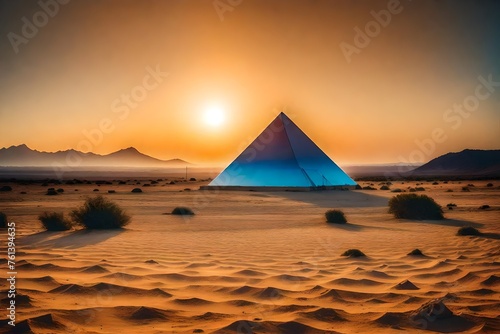 surreal futuristic pyramid glowing on desertic planet