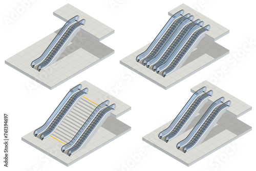 Isometric single, double and triple excalator realistic isolated on white background. Lifting escalator. An escalator vertical transportation in the form of a moving staircase.