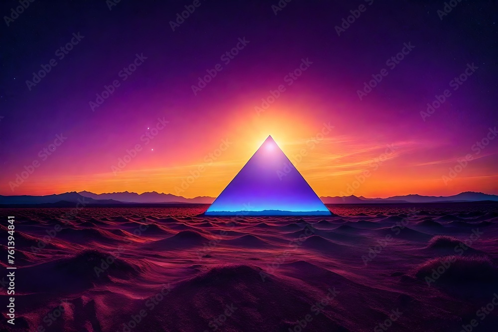 vintage purplre retrowave pyramid glowing  on desertic planet