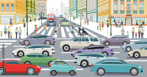 Stadtsilhouette einer Stadt mit Verkehr und Menschen, illustration © scusi