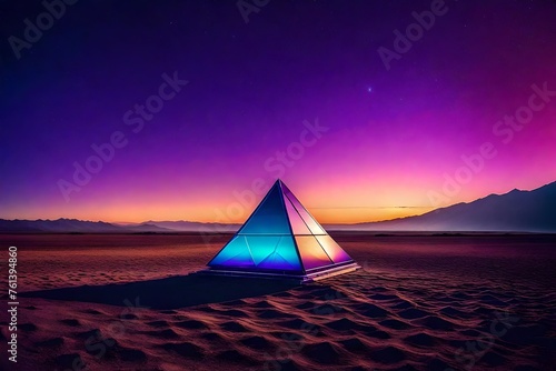 vintage purplre retrowave pyramid glowing  on desertic planet