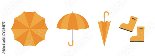 Yellow umbrella and rain boots object illustration set. A set of fashion accessories needed when it rains during the summer rainy season.