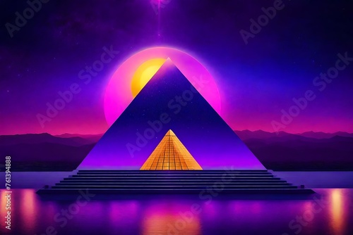 vintage purplre retrowave pyramid glowing  on desertic planet photo