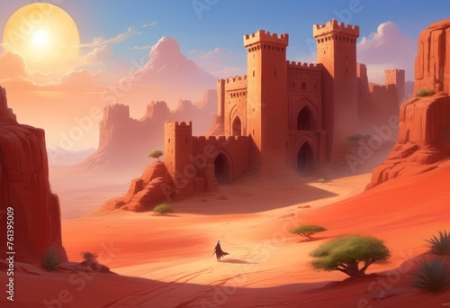 Brick castle in the middle of the desert and blue sky on the horizon